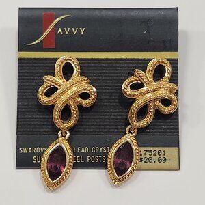 NWT Vintage Swarovski Purple Crystal/Faux Pearl Drop Dangle Pierced Earrings